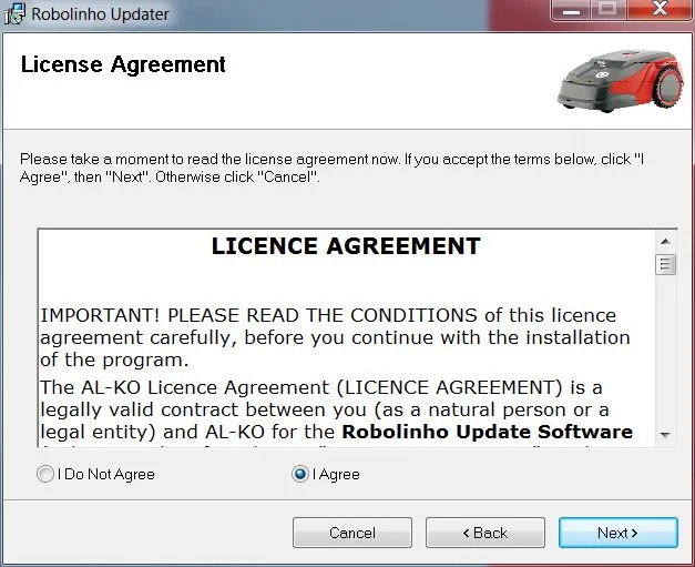 Robotic Mower | AL-KO Robolinho® Autoupdater - Step 2: Confirm licence agreement